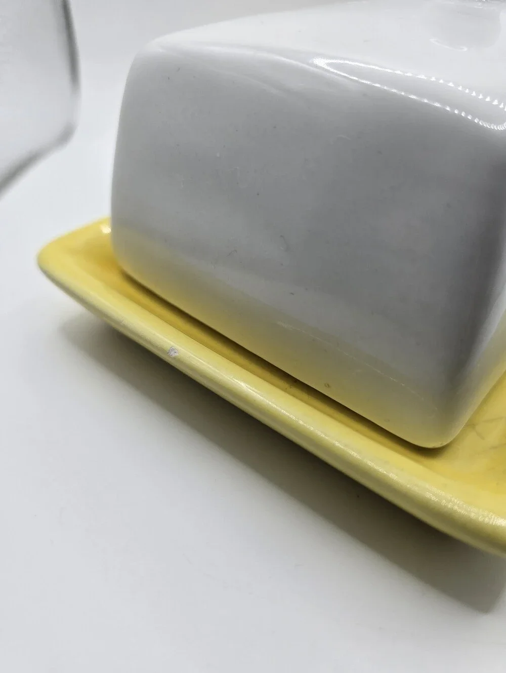 White Lemon Branch Ceramic Butter Dish With Handled Lid Yellow Plate Pre-Owned